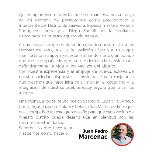 Comunicado del Precandidato a Intendente Juan Pedro Marcenac